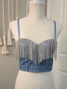 Rhinestone Fringe Denim Crop Top - Blue